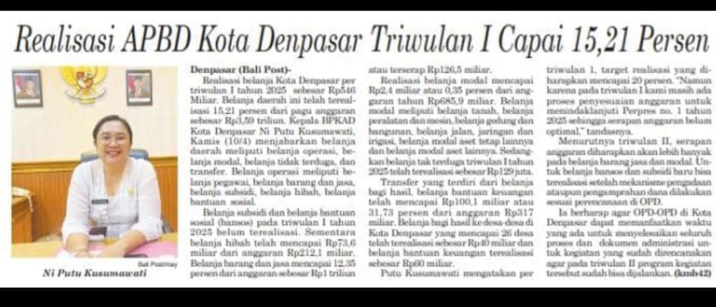 Realisasi  APBD Kota Denpasar Triwulan I Capai 15,21%